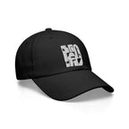 Black baseball cap with white logo on a white background