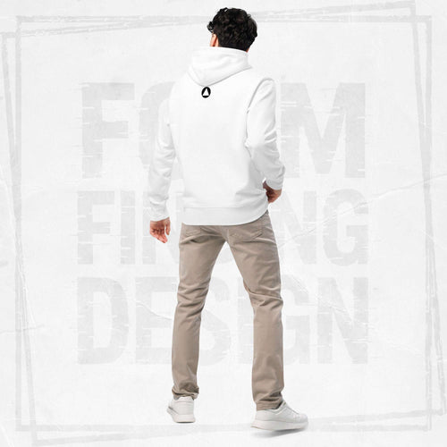 Back view on model in Form Finding Design Men’s Signature Hoodie (FFD-05), white—minimal back with small black circular emblem below the hood, paired with beige chinos and white trainers.