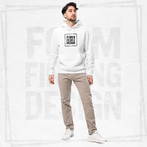 Male model wearing FormFD Men’s Signature Hoodie (FFD-05) in white with black square “FORM FINDING DESIGN” print, styled with beige chinos and white trainers, clean studio backdrop.