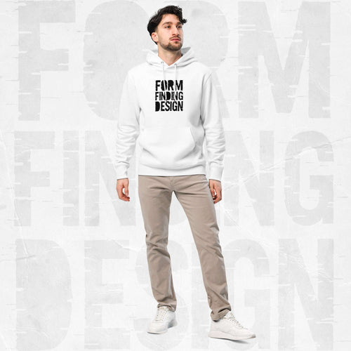 Male model wearing FormFD Men’s Signature Hoodie (FFD-07) in white with black square “FORM FINDING DESIGN” print, styled with beige chinos and white trainers, clean studio backdrop.