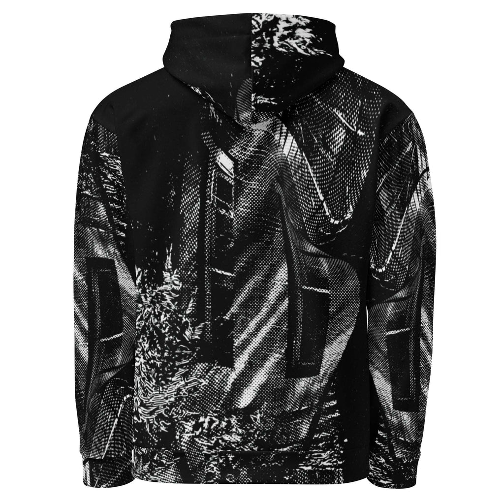 A black and white hooded jacket featuring an abstract, high-contrast graphic print with a split design on the hood and a textured, sketch-like pattern across the body and sleeves.