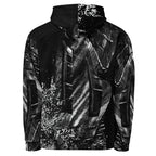 A black and white hooded jacket featuring an abstract, high-contrast graphic print with a split design on the hood and a textured, sketch-like pattern across the body and sleeves.