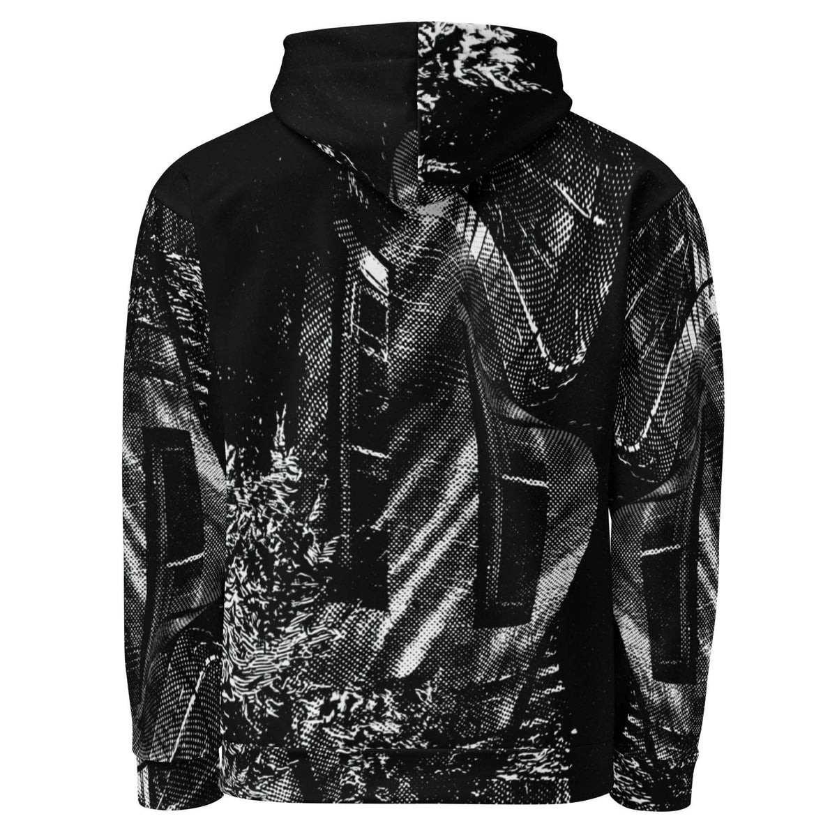 A black and white hooded jacket featuring an abstract, high-contrast graphic print with a split design on the hood and a textured, sketch-like pattern across the body and sleeves.