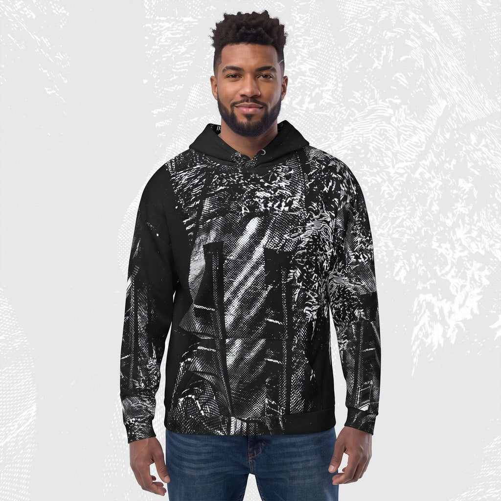 A man wearing the Stipple Bleed Print (No.02) with a drawstring hood, paired with blue jeans, standing against a light gray background with a faint graphic overlay.