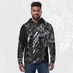 A man wearing the Stipple Bleed Print (No.02) with a drawstring hood, paired with blue jeans, standing against a light gray background with a faint graphic overlay.