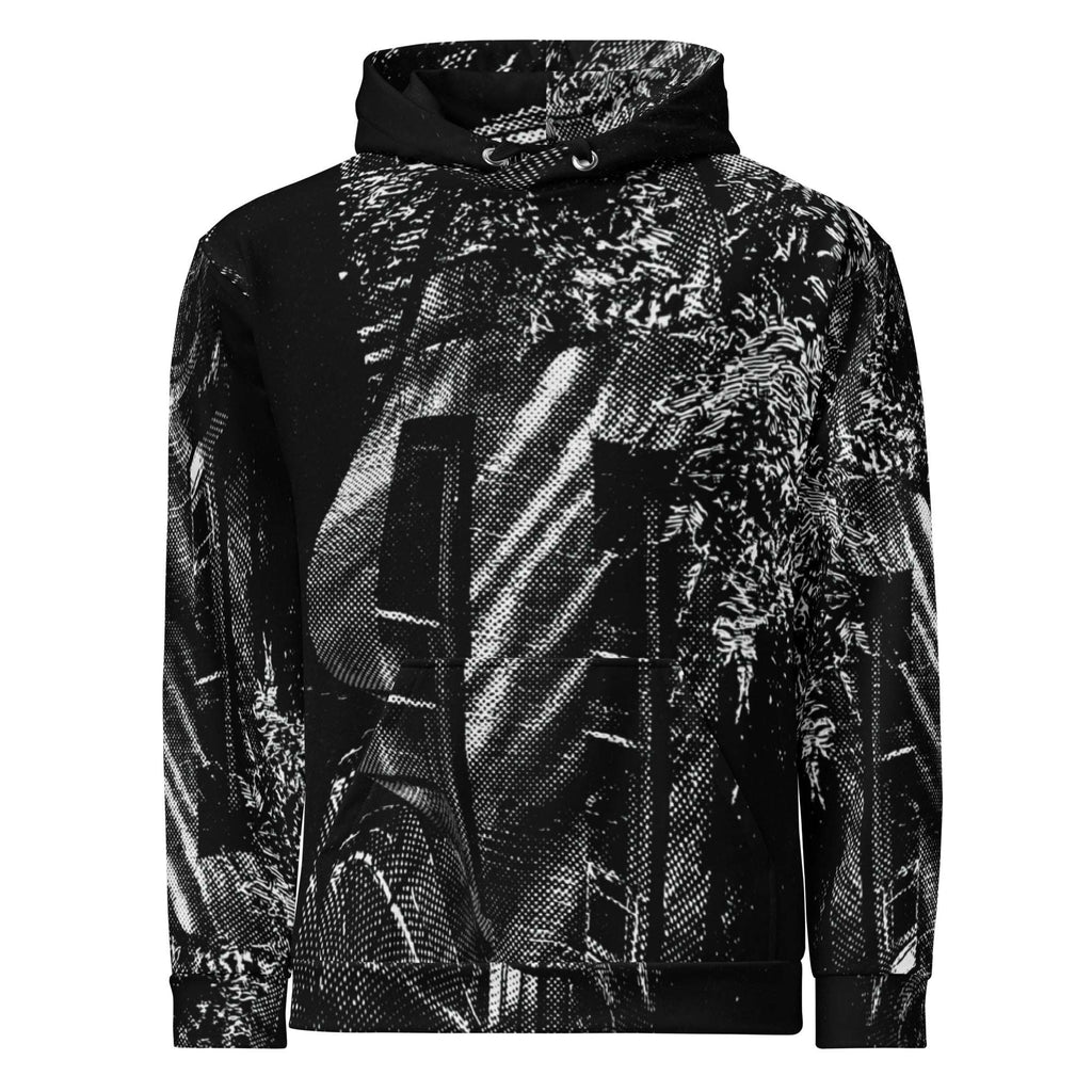 A black and white patterned zip-up hoodie with a textured, abstract print, shown against a plain white background.