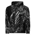 A black and white patterned zip-up hoodie with a textured, abstract print, shown against a plain white background.