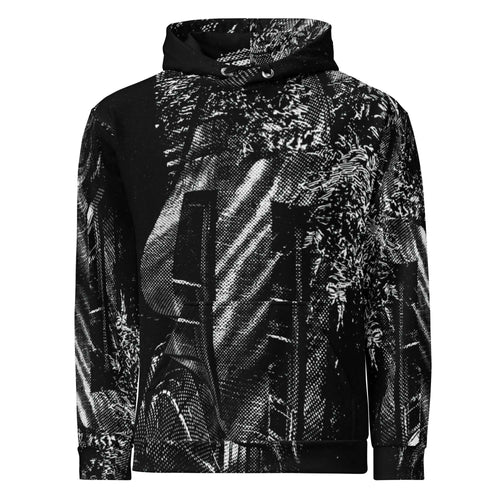 A black and white patterned zip-up hoodie with a textured, abstract print, shown against a plain white background.