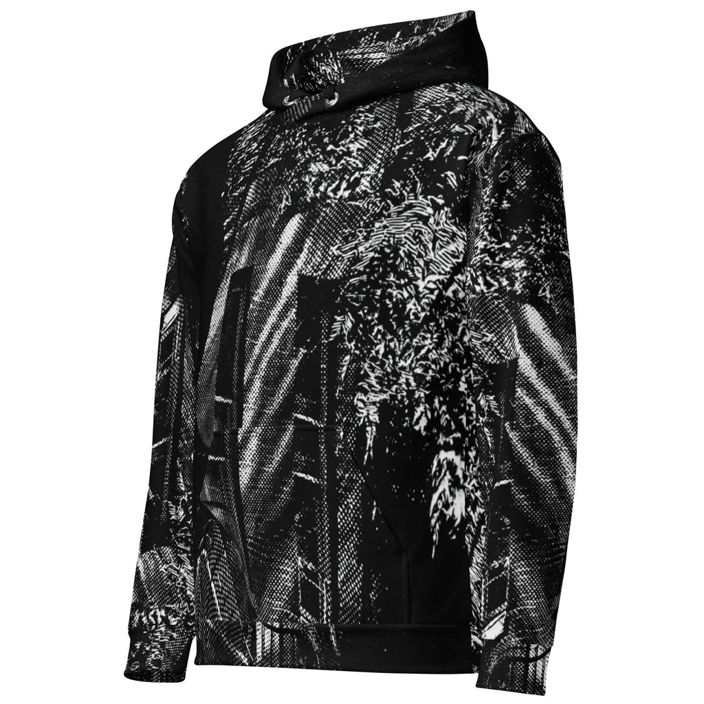 A black and white hooded sweatshirt with an abstract, high-contrast graphic pattern, shown from a three-quarters angle against a plain white background.