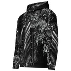 A black and white hooded sweatshirt with an abstract, high-contrast graphic pattern, shown from a three-quarters angle against a plain white background.