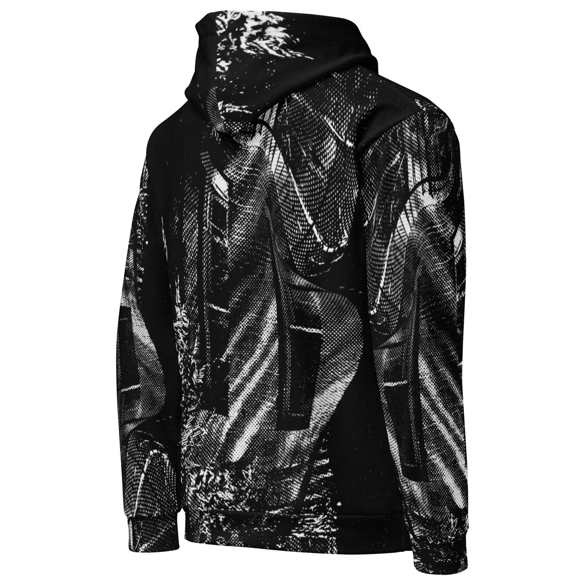 A black and white hooded sweatshirt with an abstract, high-contrast graphic print featuring textured patterns of lines and splatters, shown on a plain white background.