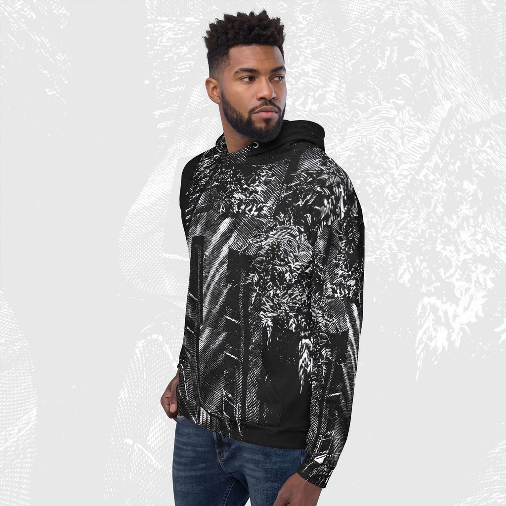 Man in a black stipple print hoodie no.02, three-quarter view, halftone image running across chest and sleeve.