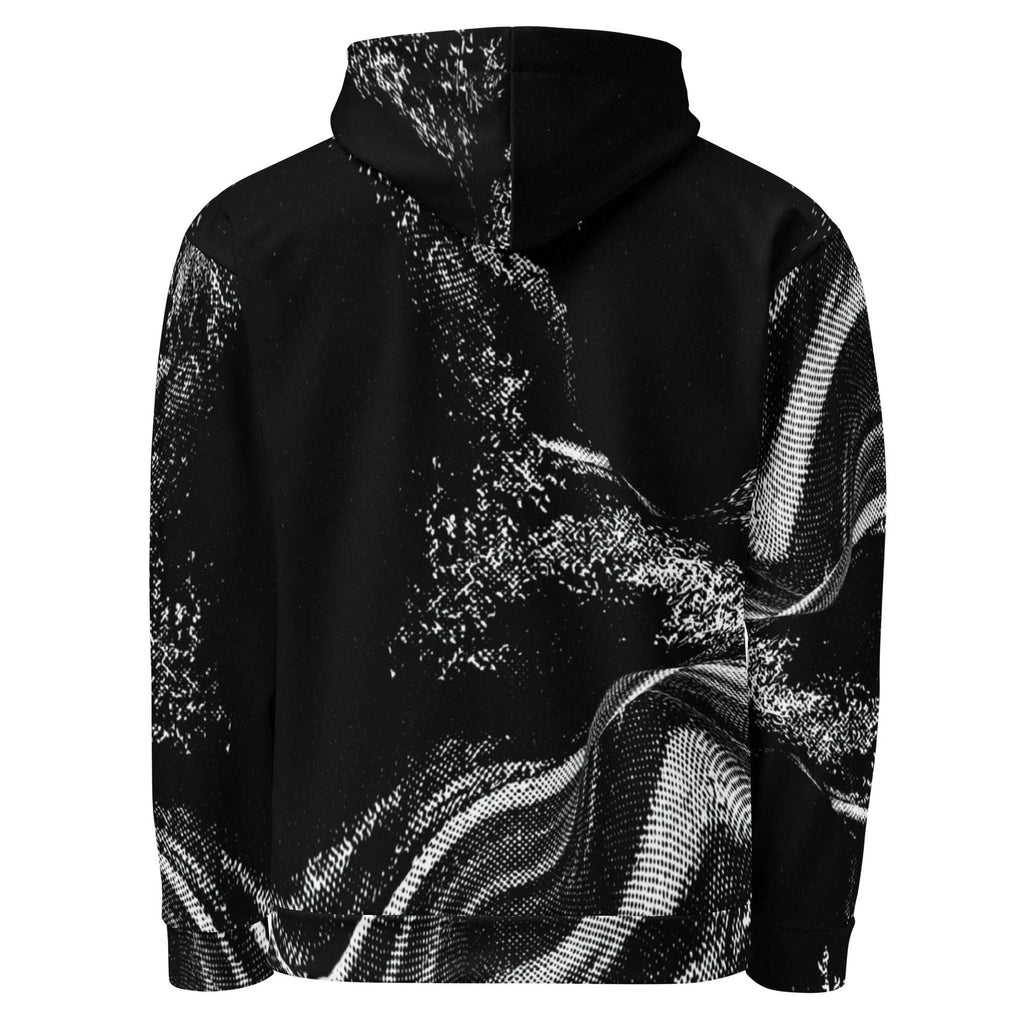 A black pullover hoodie featuring a high collar and a bold black and white abstract digital wave pattern across the front, shown against a plain white background.