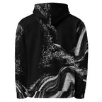 A black pullover hoodie featuring a high collar and a bold black and white abstract digital wave pattern across the front, shown against a plain white background.