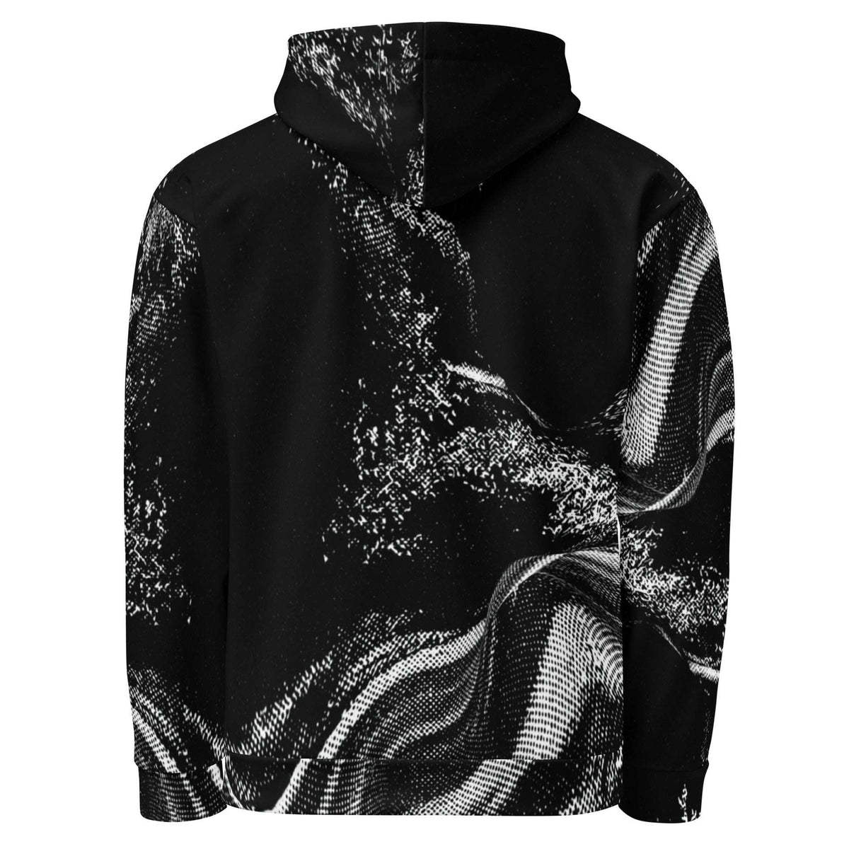 A black pullover hoodie featuring a high collar and a bold black and white abstract digital wave pattern across the front, shown against a plain white background.