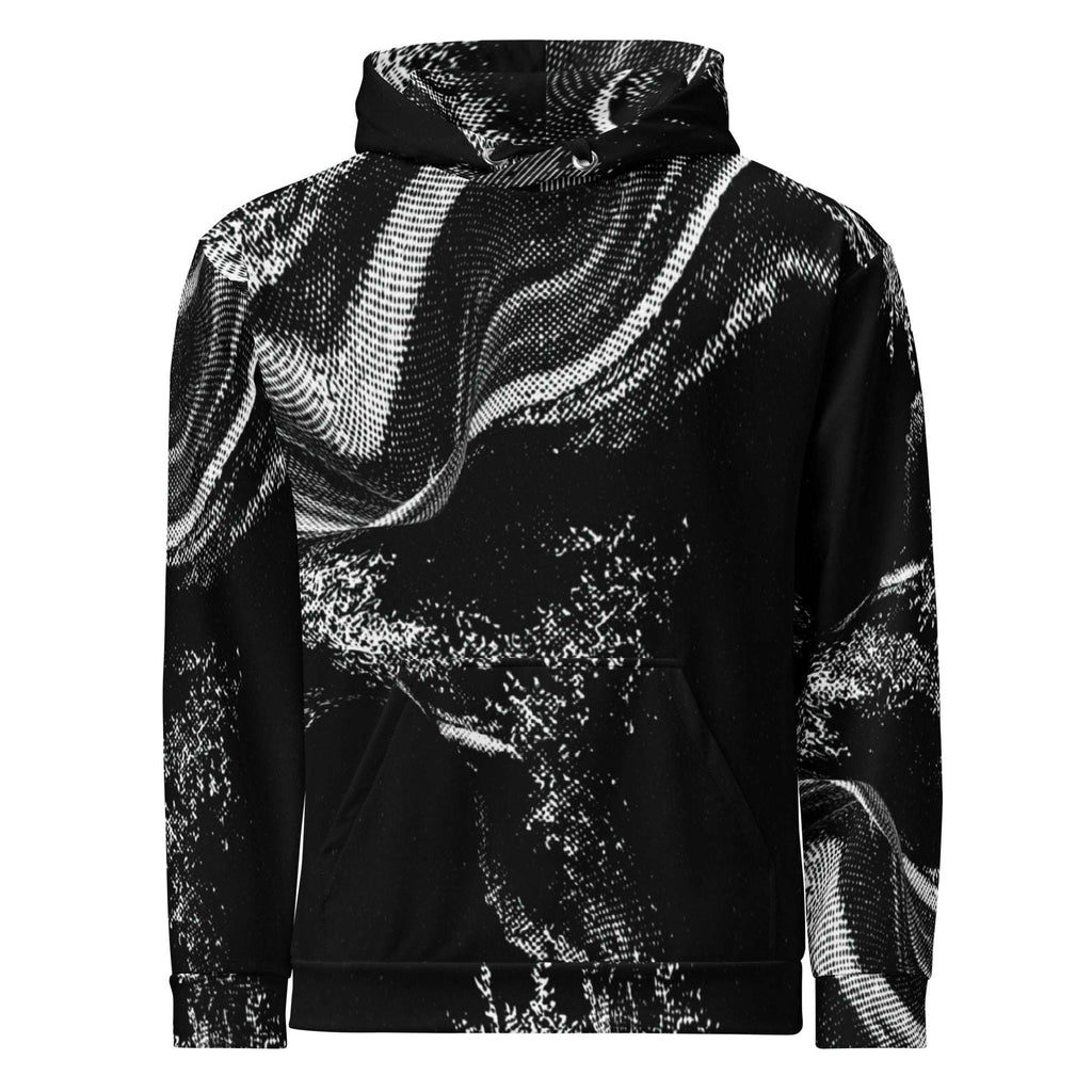 A black pullover hoodie featuring a high-contrast white abstract wavy pattern across the front, hood, and sleeves, shown against a plain white background.
