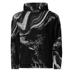 A black pullover hoodie featuring a high-contrast white abstract wavy pattern across the front, hood, and sleeves, shown against a plain white background.