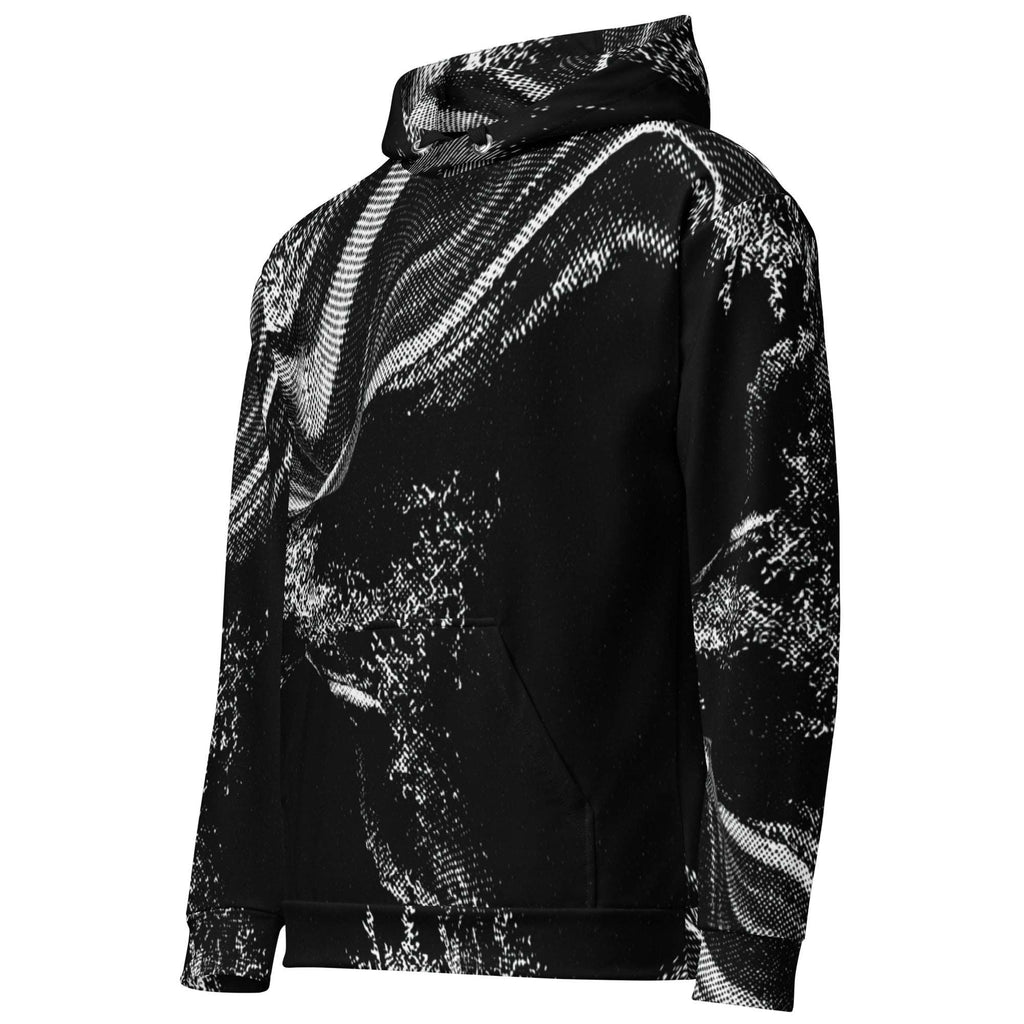 A black pullover hoodie with a white abstract, textured snake-like pattern, shown on a plain white background.