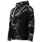 A black pullover hoodie with a white abstract, textured snake-like pattern, shown on a plain white background.