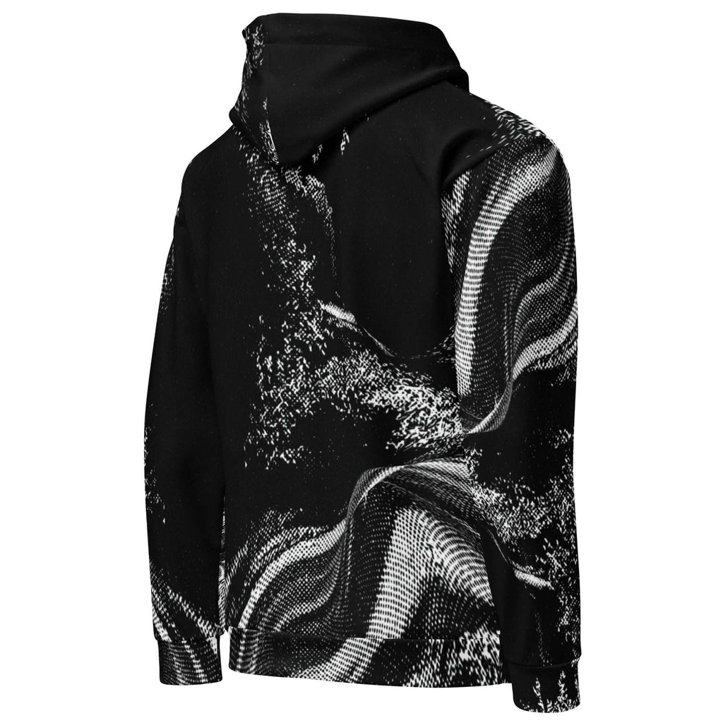 A black pullover hoodie featuring a high-contrast black and white abstract wavy pattern across the front, shown against a plain white background.