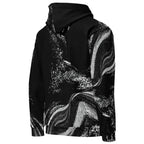 A black pullover hoodie featuring a high-contrast black and white abstract wavy pattern across the front, shown against a plain white background.