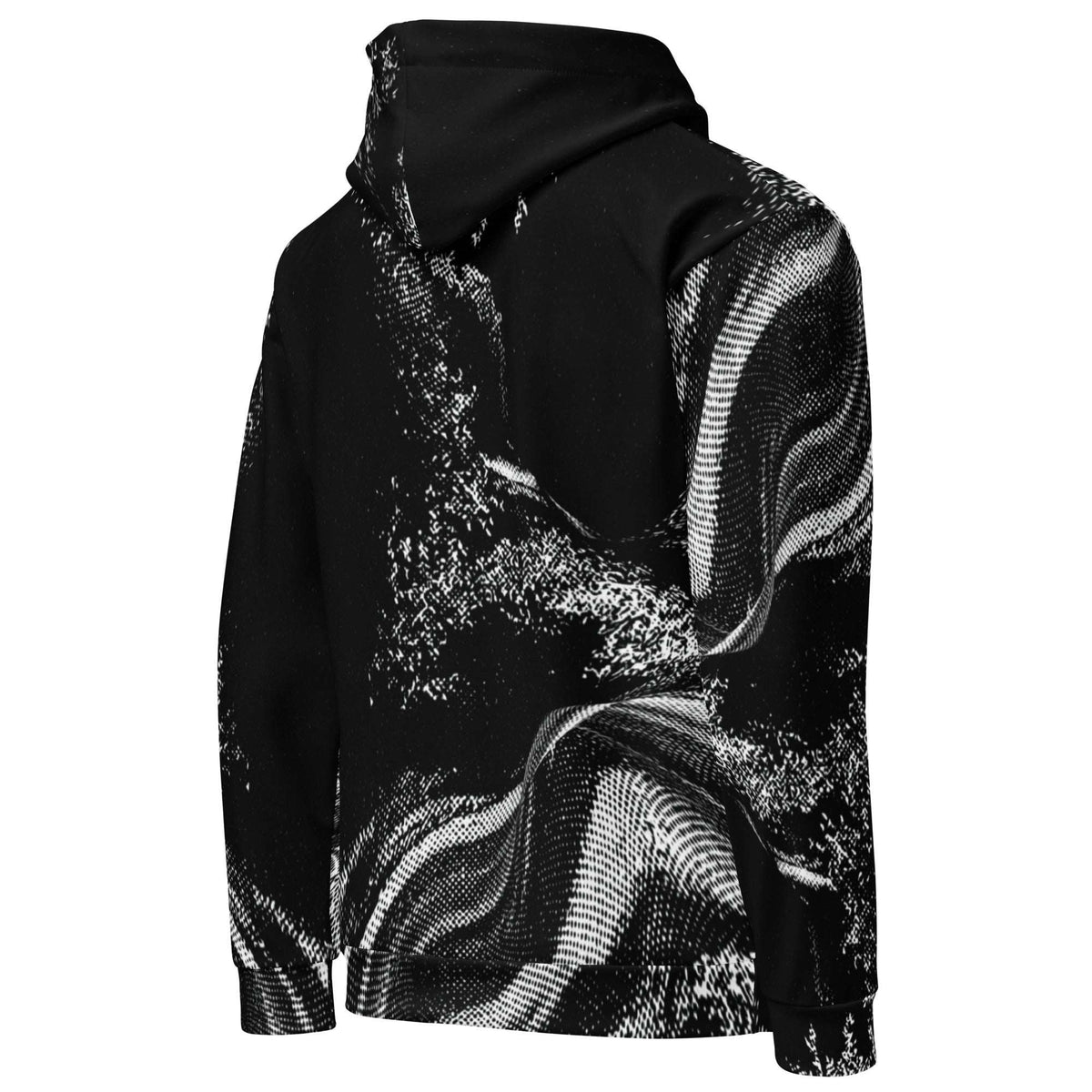 A black pullover hoodie featuring a high-contrast black and white abstract wavy pattern across the front, shown against a plain white background.