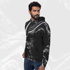 Man in a black stipple print hoodie no.03, three-quarter view, halftone image running across chest and sleeve.