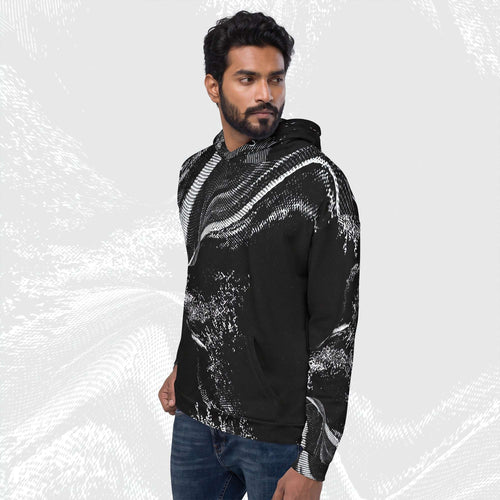 Man in a black stipple print hoodie no.03, three-quarter view, halftone image running across chest and sleeve.