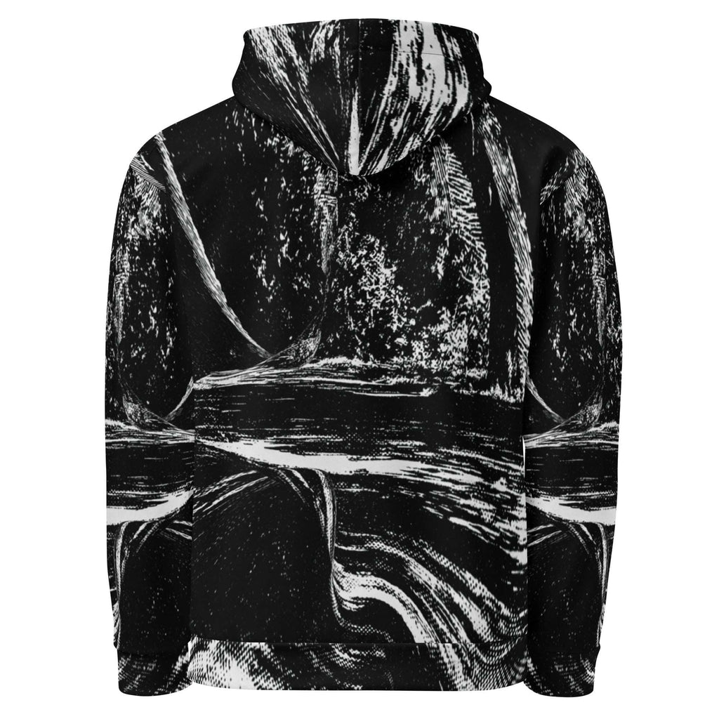 A black pullover hoodie featuring a high-contrast white abstract brushstroke or marble-like print across the entire garment, shown against a plain white background.
