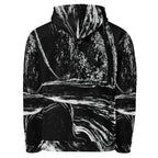 A black pullover hoodie featuring a high-contrast white abstract brushstroke or marble-like print across the entire garment, shown against a plain white background.