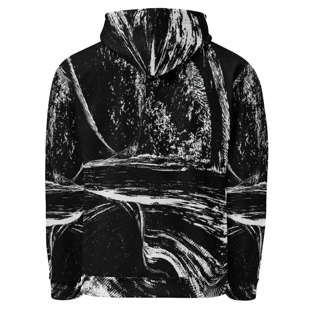 A black pullover hoodie featuring a high-contrast white abstract brushstroke or marble-like print across the entire garment, shown against a plain white background.