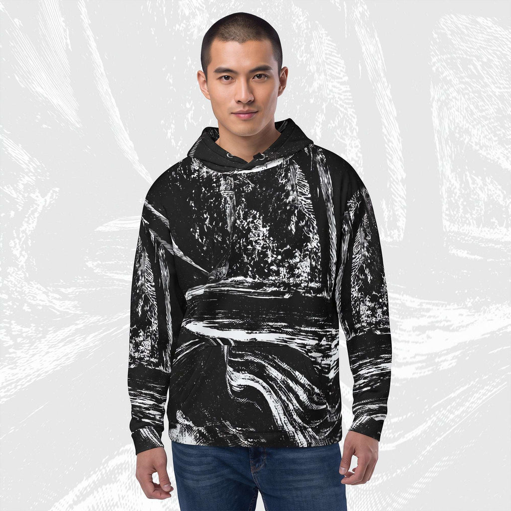 A man wearing the Stipple Bleed Print (No.04) with a drawstring hood, paired with blue jeans, standing against a light gray background with a faint graphic overlay.
