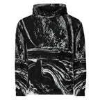 A black and white long-sleeve hoodie featuring an abstract, textured painting-like print of a landscape or tree scene, shown against a plain white background.