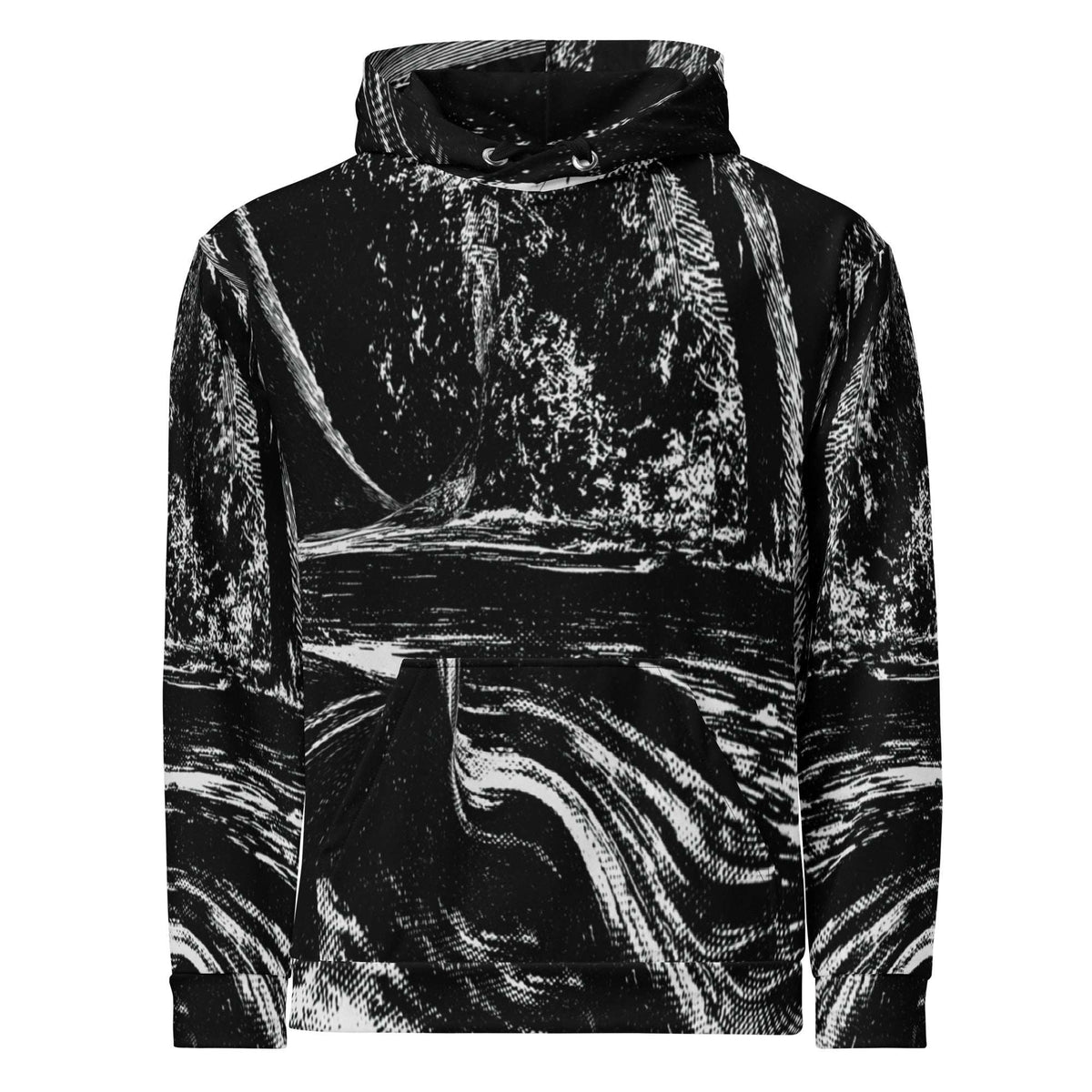 A black and white long-sleeve hoodie featuring an abstract, textured painting-like print of a landscape or tree scene, shown against a plain white background.
