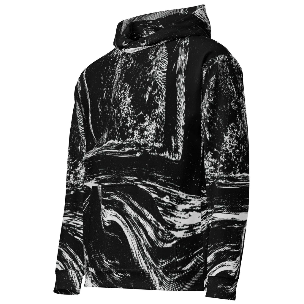 A black and white hooded sweatshirt with an abstract, high-contrast marbled or distressed pattern, shown from a three-quarters angle on a plain white background.