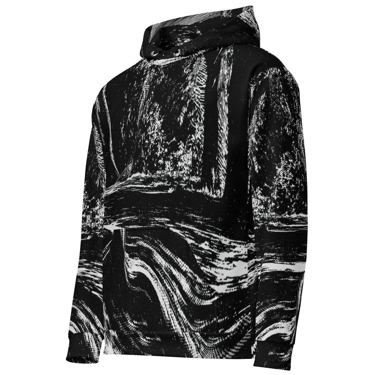 A black and white hooded sweatshirt with an abstract, high-contrast marbled or distressed pattern, shown from a three-quarters angle on a plain white background.