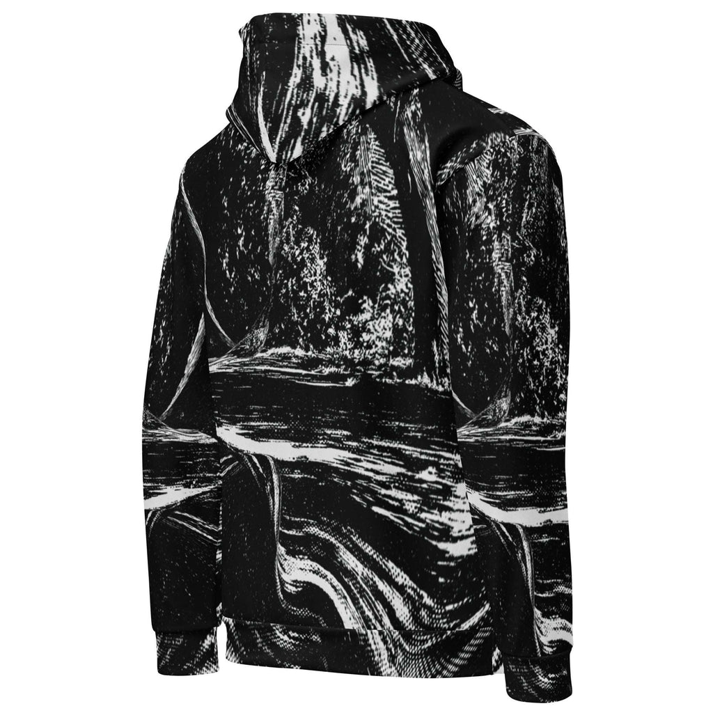 A black and white hooded sweatshirt with an abstract, high-contrast marbled or brushstroke pattern, shown from the back on a plain white background.