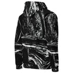 A black and white hooded sweatshirt with an abstract, high-contrast marbled or brushstroke pattern, shown from the back on a plain white background.