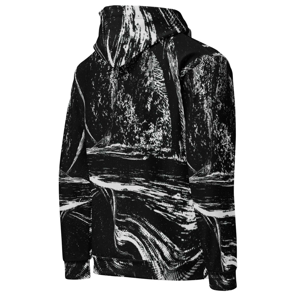 A black and white hooded sweatshirt with an abstract, high-contrast marbled or brushstroke pattern, shown from the back on a plain white background.