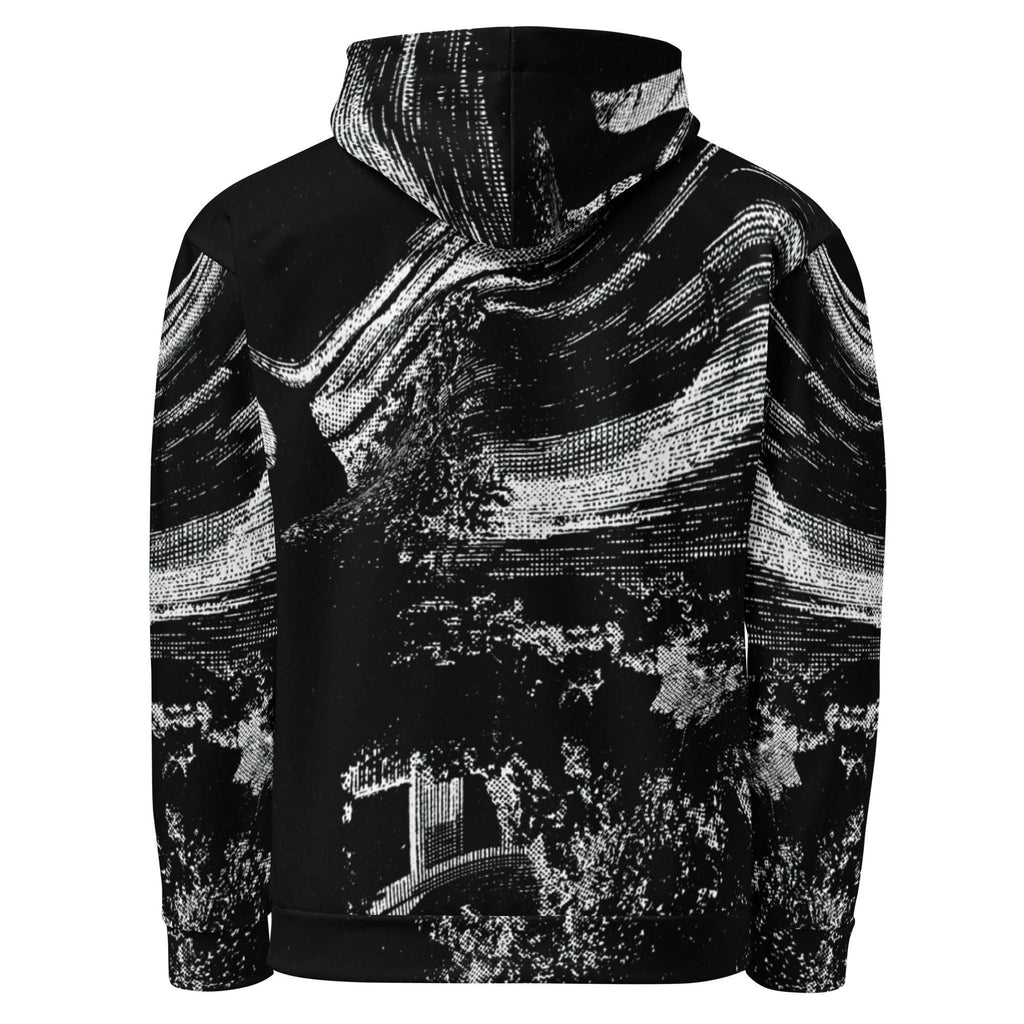 A black pullover hoodie featuring a high-contrast black and white abstract wave pattern across the entire garment, shown against a plain white background.