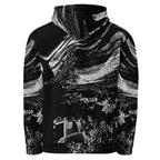 A black pullover hoodie featuring a high-contrast black and white abstract wave pattern across the entire garment, shown against a plain white background.