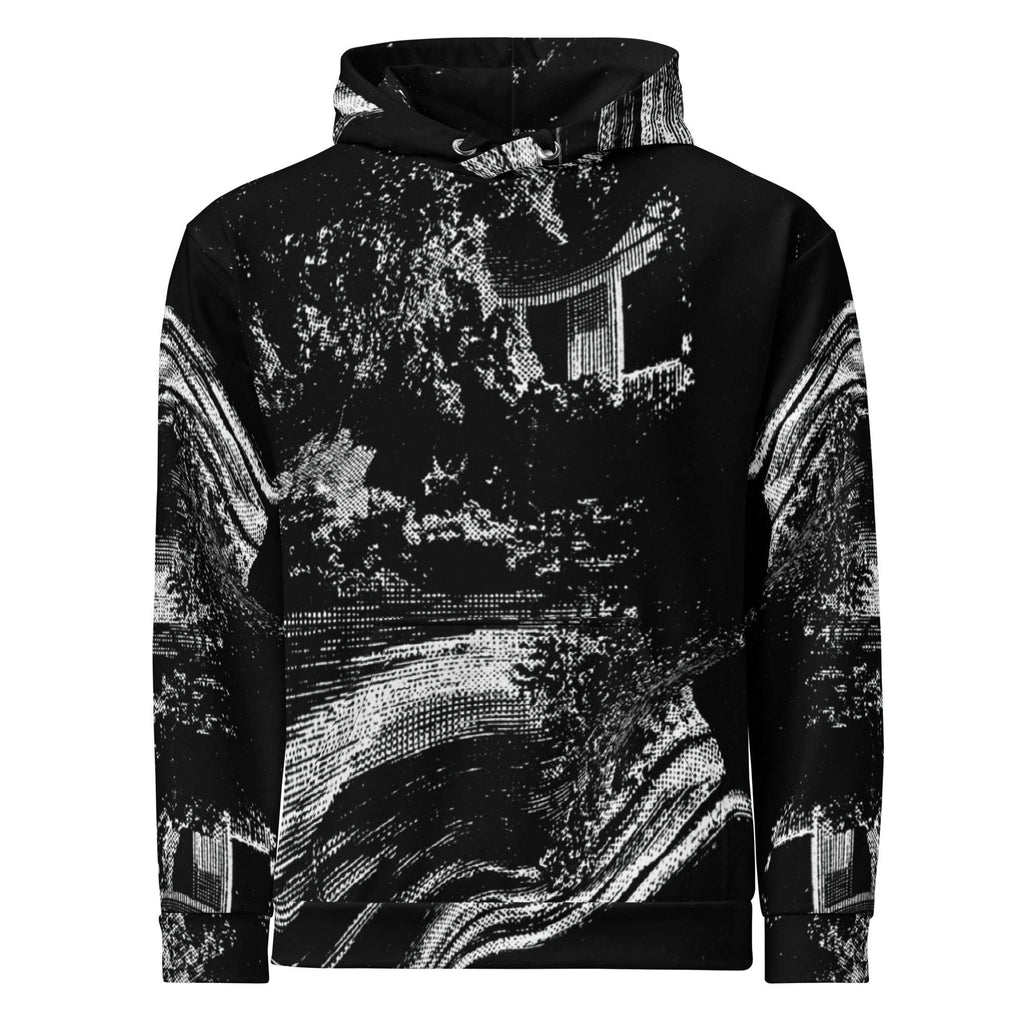 A black pullover hoodie featuring a high-contrast black and white abstract landscape print with stylized trees, water, and architectural elements, shown against a plain white background.