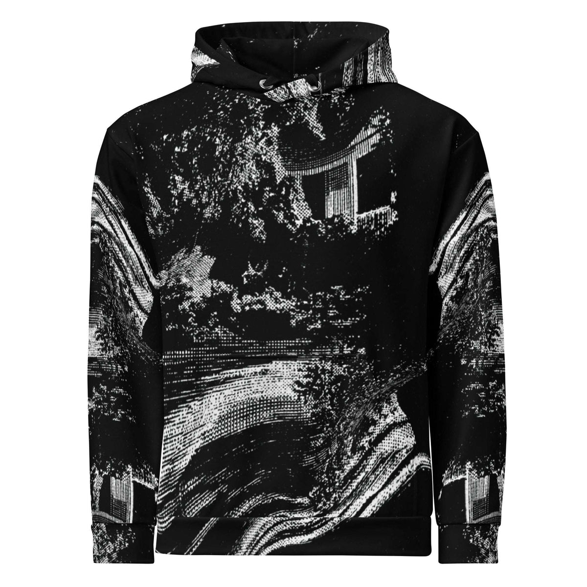 A black pullover hoodie featuring a high-contrast black and white abstract landscape print with stylized trees, water, and architectural elements, shown against a plain white background.