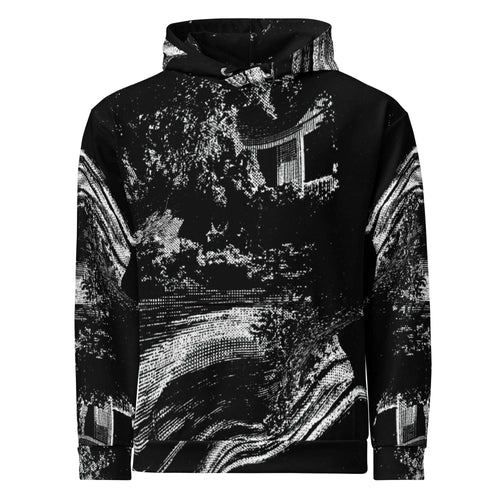 A black pullover hoodie featuring a high-contrast black and white abstract landscape print with stylized trees, water, and architectural elements, shown against a plain white background.