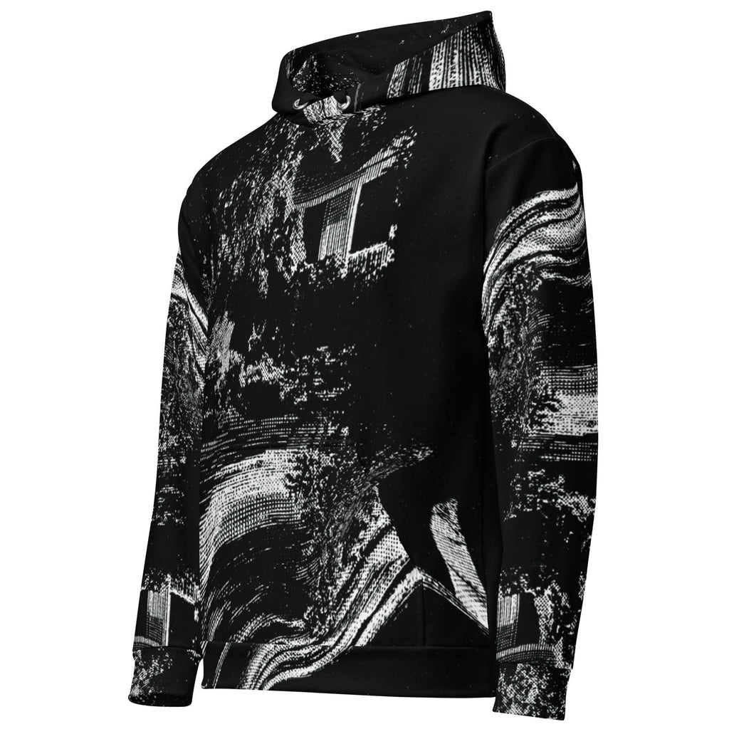A black pullover hoodie featuring a high-contrast black and white abstract pixelated graphic print, displayed on a clean white background.