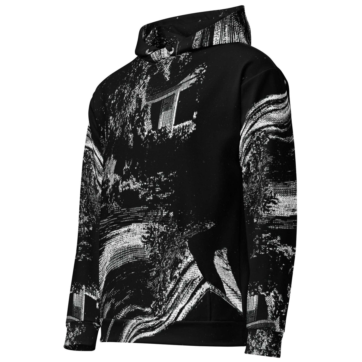 A black pullover hoodie featuring a high-contrast black and white abstract pixelated graphic print, displayed on a clean white background.