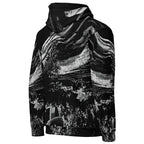 A black pullover hoodie featuring a white distressed, textured graphic print resembling abstract waves or a landscape, shown against a plain white background.