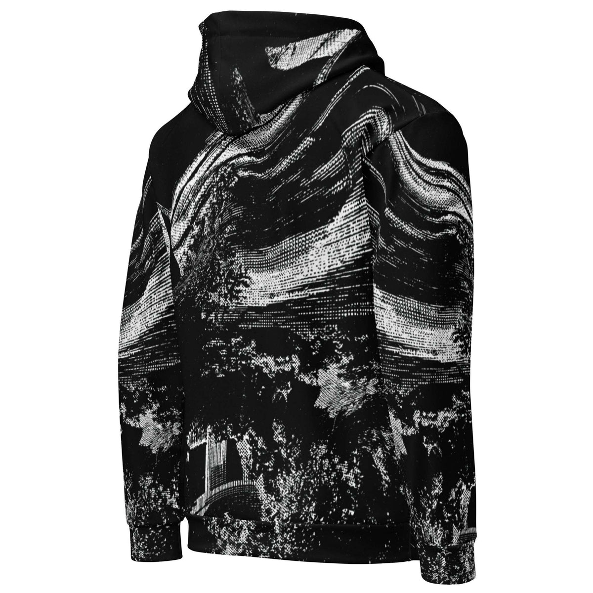 A black pullover hoodie featuring a white distressed, textured graphic print resembling abstract waves or a landscape, shown against a plain white background.