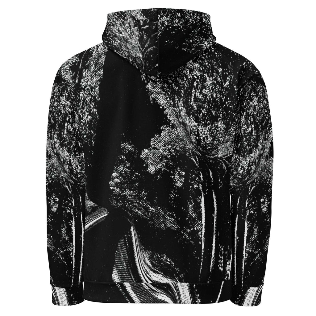 A black and white hooded sweatshirt featuring a high-contrast, textured tree canopy print on a solid white background.
