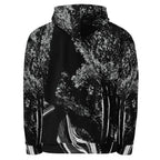 A black and white hooded sweatshirt featuring a high-contrast, textured tree canopy print on a solid white background.